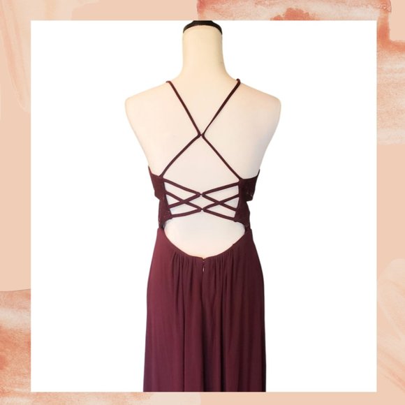 Burgundy Embellished Sequin Formal Prom Dress - Picture 2 of 6